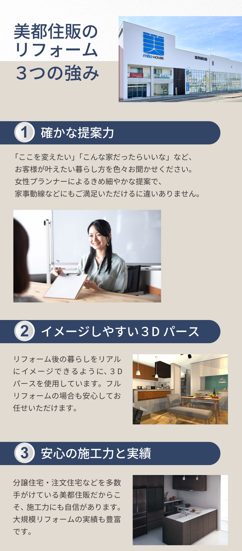 理想の暮らしをあなたに、美都住販の提案型リフォーム。３つの強み①確かな提案力②イメージしやすい３Dパース③安心の施工力と実績